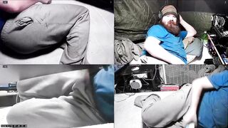 Chubby voyeur peeking belly bulge relaxing alone in tent