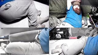 Chubby voyeur peeking belly bulge relaxing alone in tent