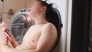 Twink stuck in washing machine drowns in wet panties squirt mess