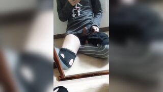 Femboy gushes in mirror while jerking off gay cosplay
