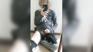 Femboy gushes in mirror while jerking off gay cosplay
