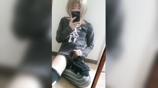 Femboy gushes in mirror while jerking off gay cosplay