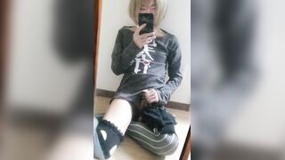 Femboy gushes in mirror while jerking off gay cosplay