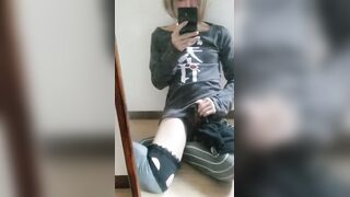 Femboy gushes in mirror while jerking off gay cosplay