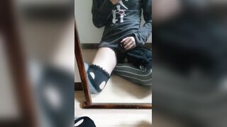 Femboy gushes in mirror while jerking off gay cosplay