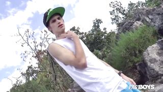 Straight hot boy Andre Lucas gets raw handjob outside