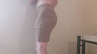 Fat ass sissy model squeezes into gay mini skirt while butt plug throbs