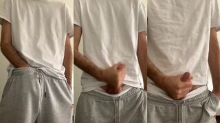 Skinny twink jerks his thick dick in white briefs under gray sweatpants