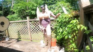 Giant fake tits sissy crossdresser cum shot BTS photoshoot