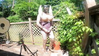 Giant fake tits sissy crossdresser cum shot BTS photoshoot
