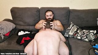 Hairy bear fucks my ass bareback riding thick cock reverse cowboy