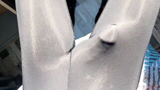 Sweaty leggings bulge destroyed by gay cum shot exercise masturbation