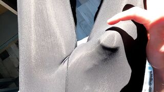 Sweaty leggings bulge destroyed by gay cum shot exercise masturbation