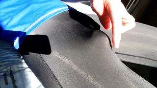Sweaty leggings bulge destroyed by gay cum shot exercise masturbation