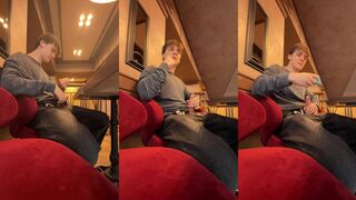 Twink femboy big dick pumped in crowded gay cafe while caught jerking off