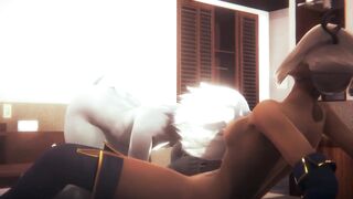 Two futanari girls destroy furry catboy with rough yaoi creampie threesome