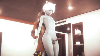 Two futanari girls destroy furry catboy with rough yaoi creampie threesome