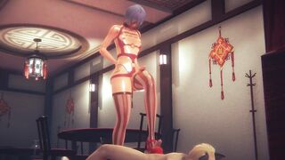 Blue haired femboy destroyed in rough restaurant anal