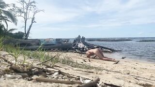 Pet play at the beach with a risky gay exhibitionist