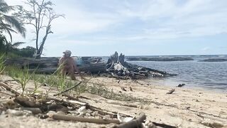Pet play at the beach with a risky gay exhibitionist