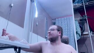 Chubby bear takes big black dildo deep throat