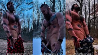 Thane Rivers' throbbing cock flexing in the woods raw