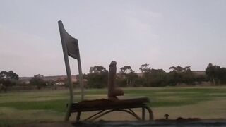 Risky outdoor solo guy destroys his tight ass with dildo while pumping cum