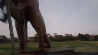 Risky outdoor solo guy destroys his tight ass with dildo while pumping cum