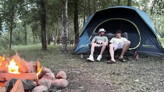 Sucking his mushroom head while camping almost got caught hot public blowjob