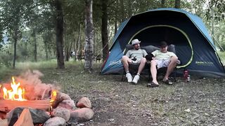 Sucking his mushroom head while camping almost got caught hot public blowjob