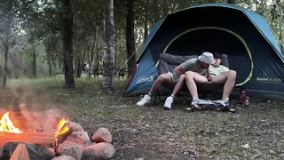 Sucking his mushroom head while camping almost got caught hot public blowjob
