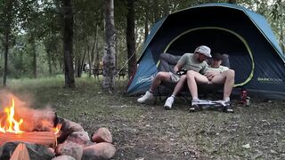 Sucking his mushroom head while camping almost got caught hot public blowjob