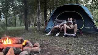 Sucking his mushroom head while camping almost got caught hot public blowjob