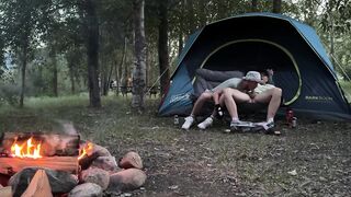 Sucking his mushroom head while camping almost got caught hot public blowjob