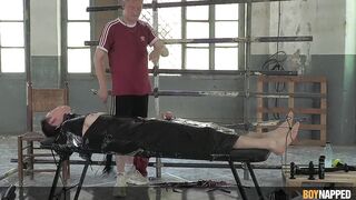 Aggressive foot fuck destroys twink with big dick domination