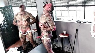 Suit stripped while I smoke and jerk off with cumshot on tattooed muscle dick piercings.