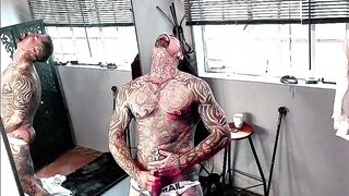 Suit stripped while I smoke and jerk off with cumshot on tattooed muscle dick piercings.