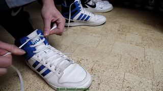 Adidas Dineties stuffed in AF1s while cumming in Strauss workpants
