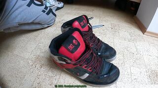 8 Cumshots on trashed gay DC sneakers blown apart by throbbing uncut cock