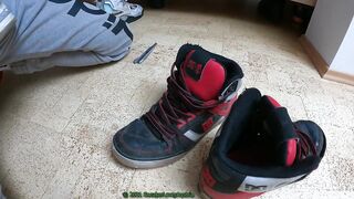 8 Cumshots on trashed gay DC sneakers blown apart by throbbing uncut cock