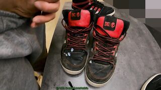 8 Cumshots on trashed gay DC sneakers blown apart by throbbing uncut cock