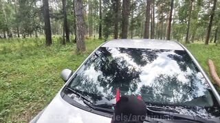Extreme shock A puppy fucked on car hood watched by truckers raw bareback