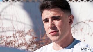 Joey Mills gets destroyed by Arno Antino raw unprotected blowjob before pounding against windows