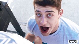 Joey Mills gets destroyed by Arno Antino raw unprotected blowjob before pounding against windows