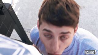 Joey Mills gets destroyed by Arno Antino raw unprotected blowjob before pounding against windows