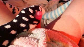 Fuzzy socks gagged cute boy edging to a handjob