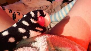 Fuzzy socks gagged cute boy edging to a handjob