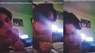 Big dick throat wrecked by loud moaning femboy sucking till he drips