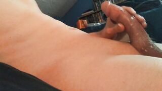 Femboy gushes cum fills his tight tummy begging for Daddy