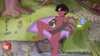 Femboy elf boy strokes his cock and cums in the forest bareback